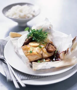 Blue-eye 'en papillote' with ginger and coriander cress