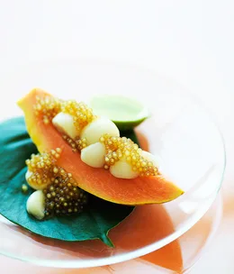 Papaya, mangosteen and tapioca pearls in palm syrup