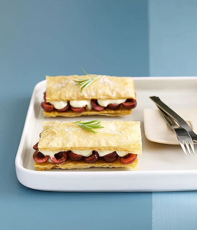 Cherry napoleons with rosemary-scented crème fraîche