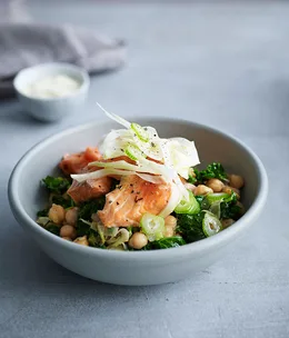 Roast ocean trout with kale, fennel and chickpeas