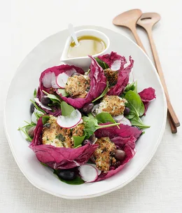 Red leaf salad with radish, buffalo mozzarella fritters and anchovy sauce