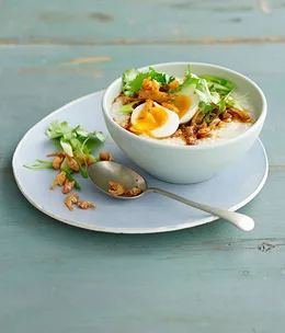 Simple ginger congee with egg and dried shrimp
