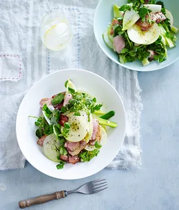 Pan-roasted duck with leek, apple and bacon salad