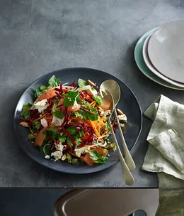 Raw fennel, beetroot and carrot salad with freekeh and almonds