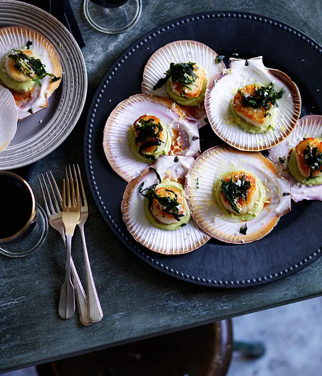 Roast scallops, avocado purée and seaweed