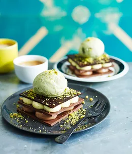 Grilled pistachio and chocolate millefeuille