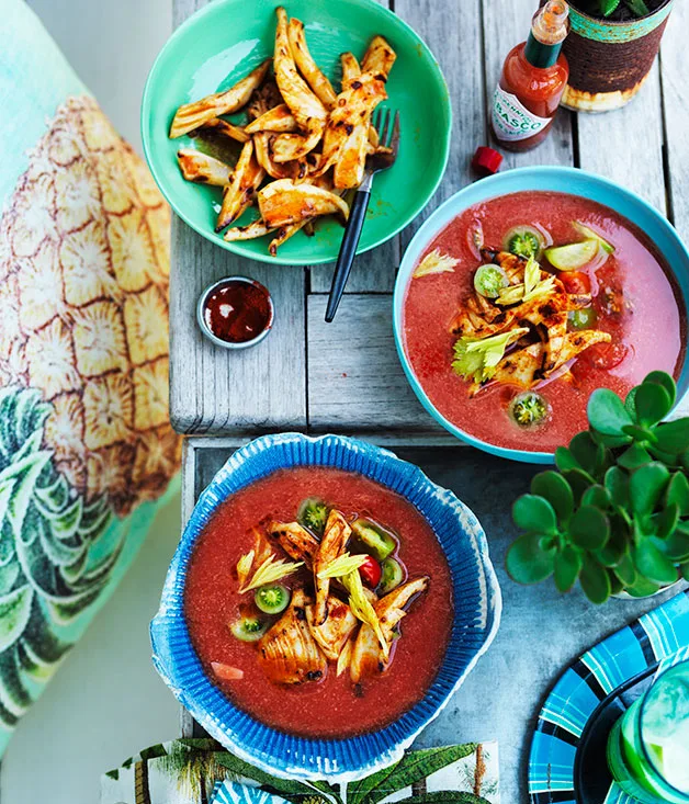 Chilled spiced tomato soup with barbecued squid
