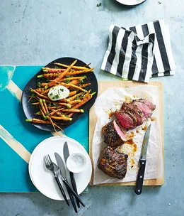 Coriander and chipotle lamb rump with burnt carrots
