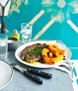 Grilled aged Scotch fillet with zhoug butter and tahini cream