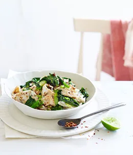 Charred rice noodles and greens