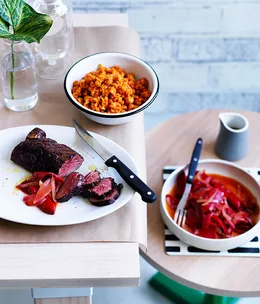 Hanger steak with chickpeas, harissa and piquillo peppers