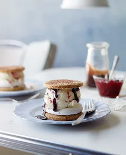 Marshmallow and jammy ice-cream sandwich with choc-fudge sauce