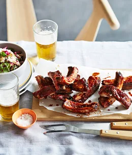 Smoked pork ribs with barbecue sauce and Vietnamese-style coleslaw