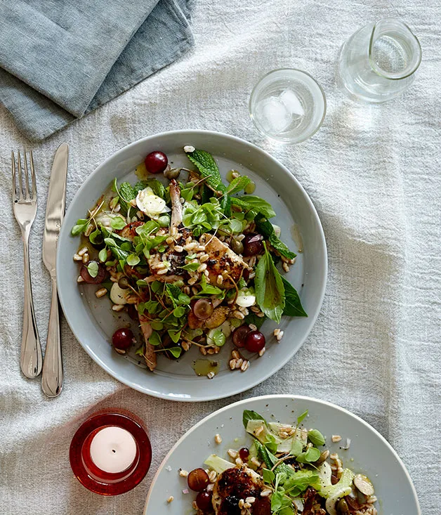 Quail, spelt, grape and caperberry salad