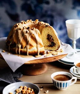 Cinnamon and sour-cherry scroll cake with crunchy coffee glaze