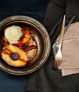 Orange muscat roast quince with macadamia ice-cream