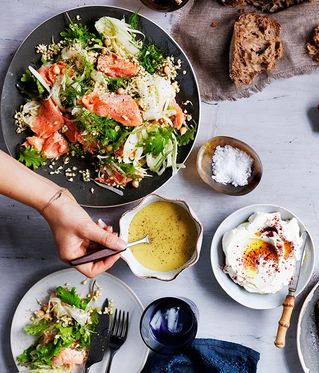 Sprouted buckwheat salad with confit trout and roast lemon sauce