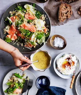 Sprouted buckwheat salad with confit trout and roast lemon sauce