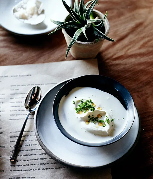 Korean miso soup with oyster cream (doenjang guk)
