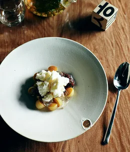 Shaved milk ice with poached pear and ginger jelly (patbingsu)