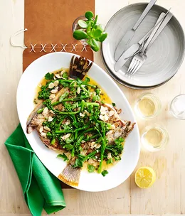 Roast flounder, broccolini, almonds, capers, beurre noisette
