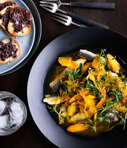 Escabeche of sardines, saffron and tapenade