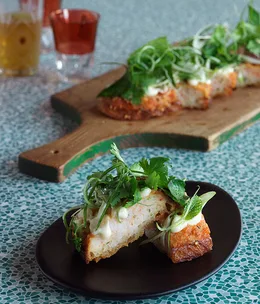 Prawn toast with yuzu mayonnaise, coriander and mint