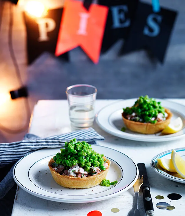 Smoked trout and fennel pies with peas