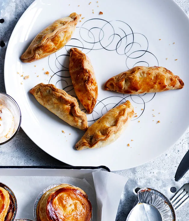 Spiced pasties with lime-pickle yoghurt