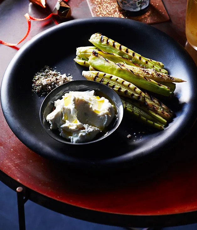Grilled baby corn with spiced salt and whipped feta