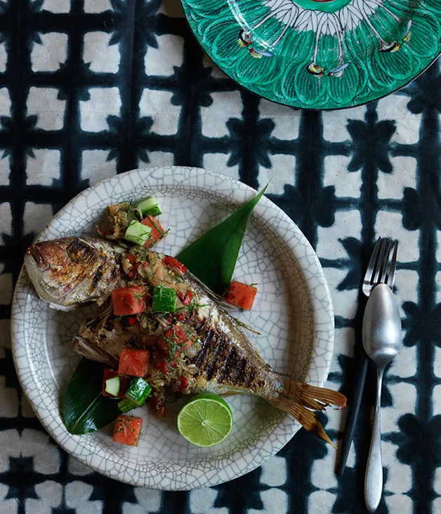 Grilled fish with sambal matah, watermelon and cucumber