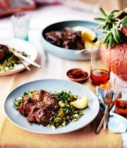 Spiced lamb with cracked wheat and green olive salad