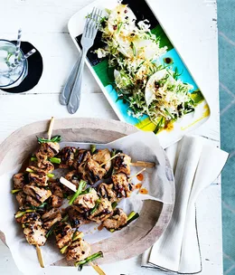 Sticky pork skewers with nashi slaw