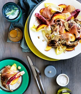 Char-grilled quail with prosciutto and peaches