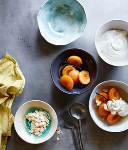 Apricots poached in orange muscat with mascarpone and almonds