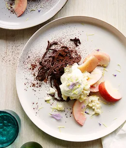 Lavender and lemon rice pudding with white peach and bitter chocolate