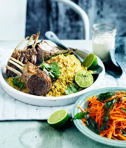 Spiced lamb rack with coconut saffron pilaf