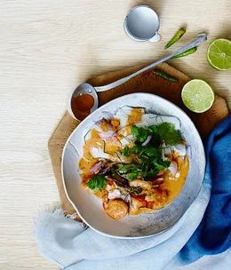 Prawns in red curry sauce with rice noodles and three other quick meals with coconut milk