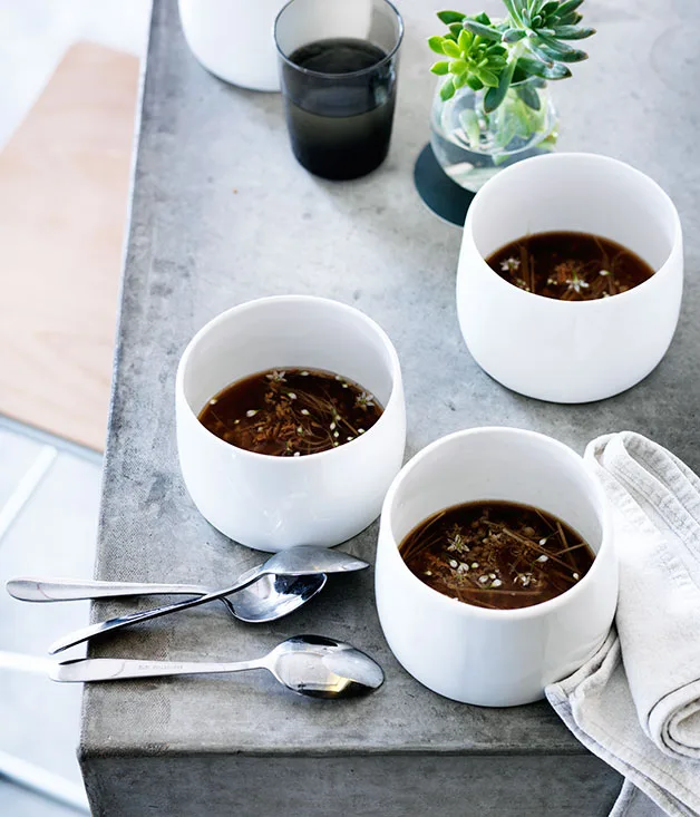 Salted pork and mushroom broth with ginger and buckwheat