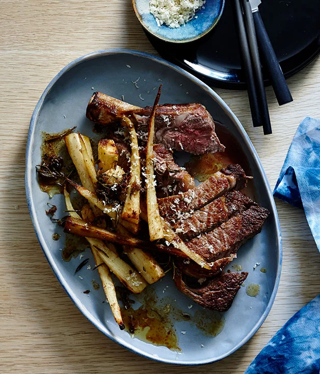 Rib-eye with roasted parsnips, anchovies and horseradish