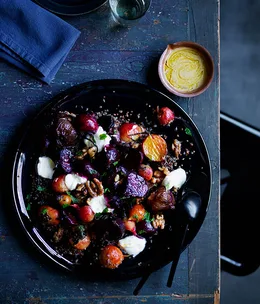 Roasted beets and onions with yoghurt, quinoa and walnuts