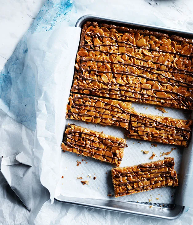Honey-caramel almond slice
