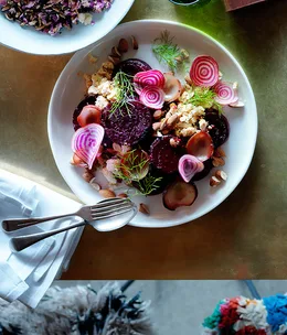 Roast beetroot with shankleesh, onion, almonds and dill
