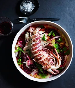 Calamari cooked in olive oil with spiced beetroot salad