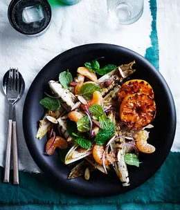 Grilled witlof, mint and almond salad with blackened mandarin