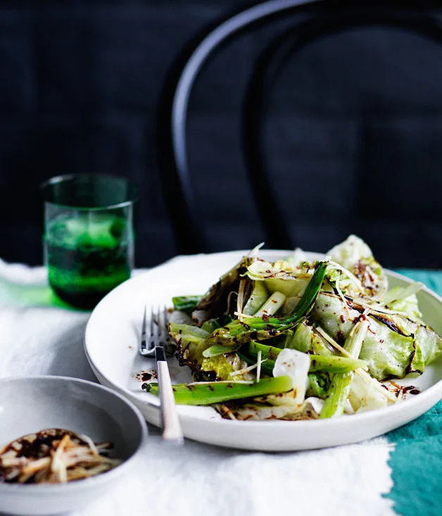 Scorched iceberg lettuce and spring onion with black vinegar and ginger