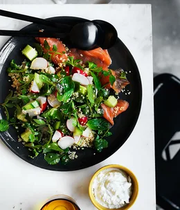 Cucumber, radish and quinoa salad with ocean trout and yoghurt