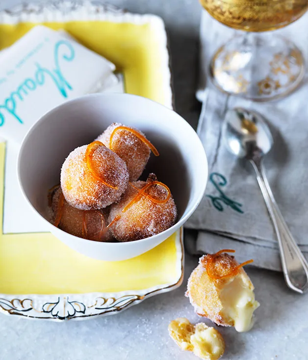 Ricotta fritters with lime curd and candied grapefruit