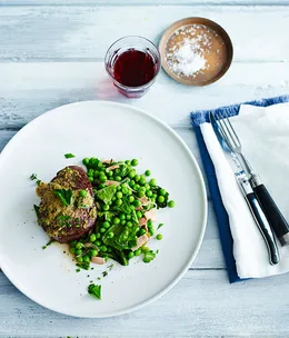 Mustard-crusted roast beef with peas à la Française