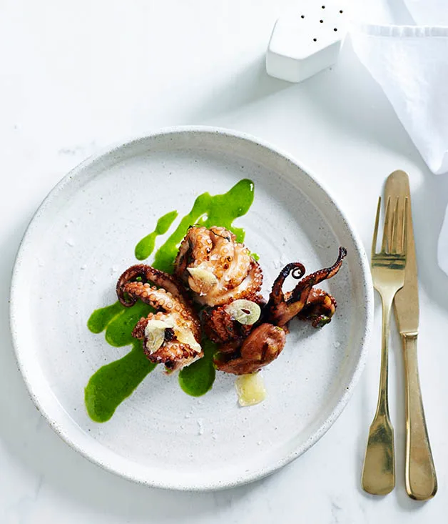 Tumbled octopus with smoked garlic, honey and green mustard